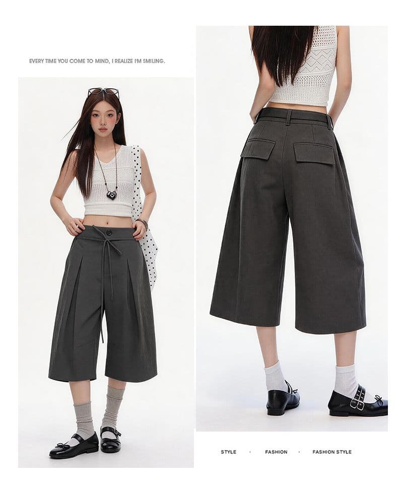 속도 건조한 명중 Pleat 리본 거친 가장자리 7부 바지 여자 여름 루즈핏 넓은 다리 캐주얼 바지 회색 반바지 상세 이미지 20