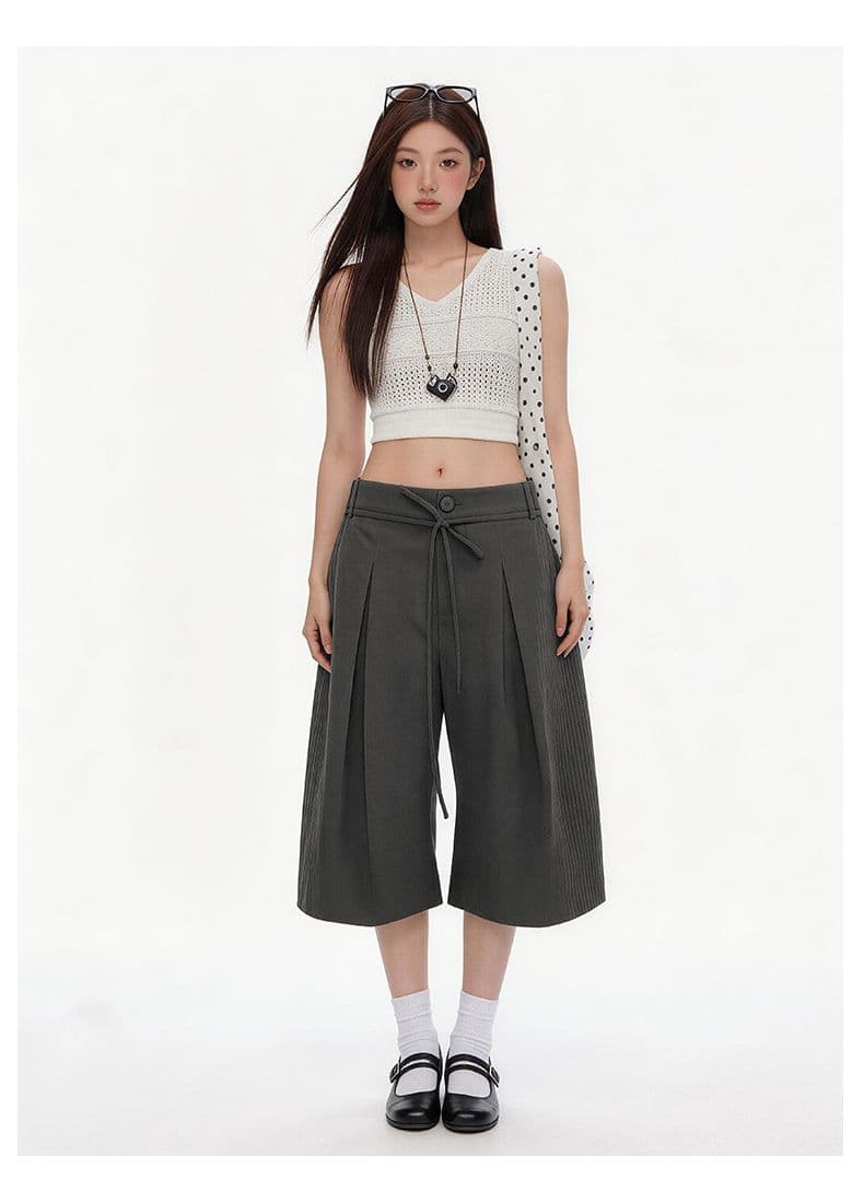 속도 건조한 명중 Pleat 리본 거친 가장자리 7부 바지 여자 여름 루즈핏 넓은 다리 캐주얼 바지 회색 반바지 상세 이미지 21