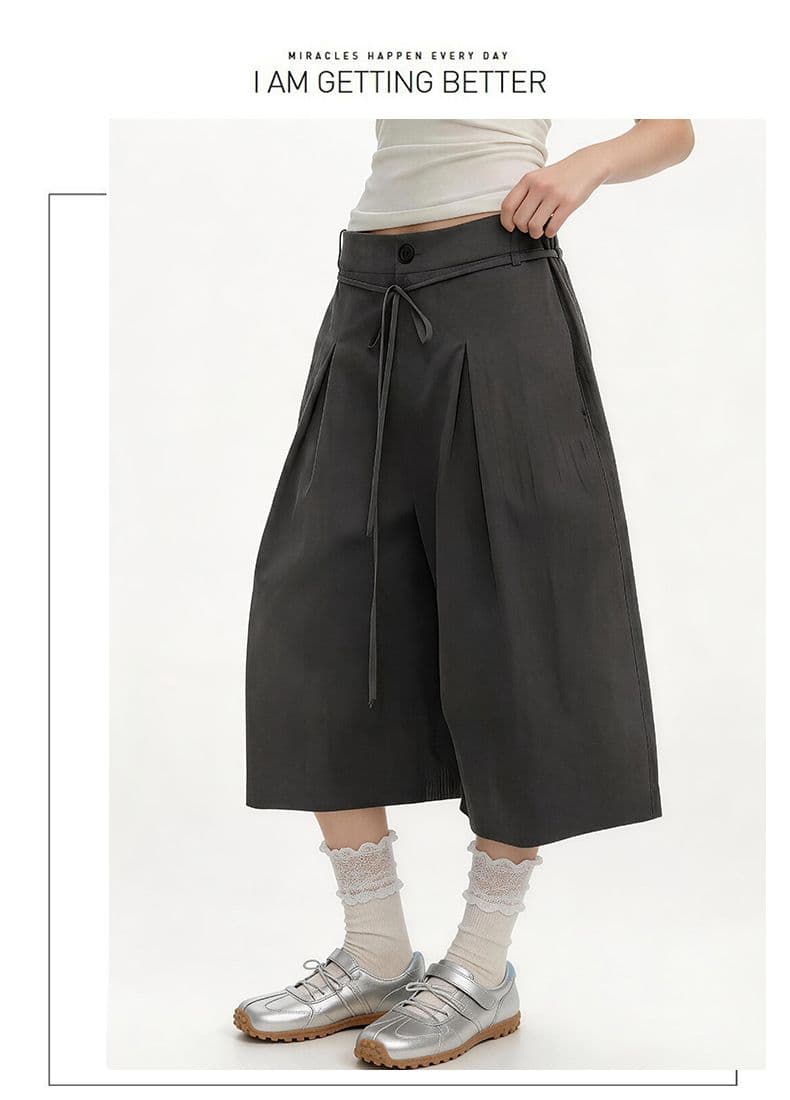 속도 건조한 명중 Pleat 리본 거친 가장자리 7부 바지 여자 여름 루즈핏 넓은 다리 캐주얼 바지 회색 반바지 상세 이미지 22