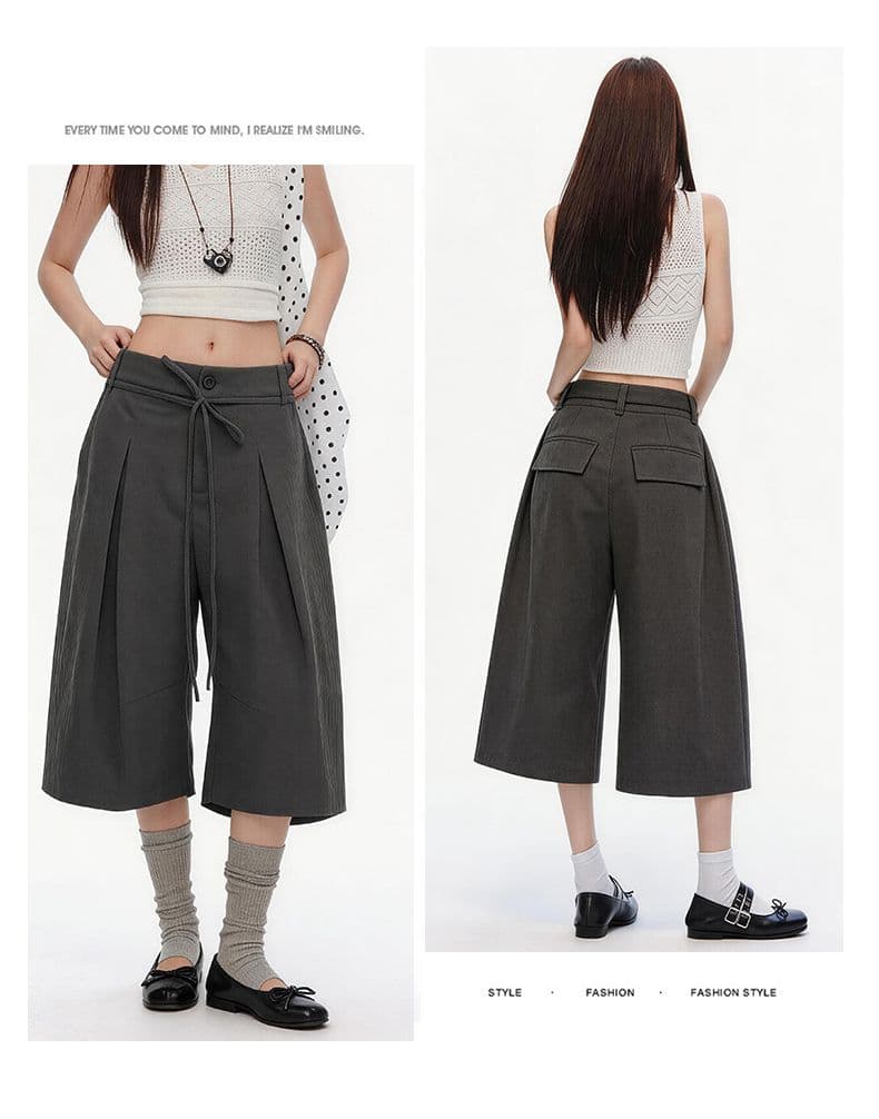 속도 건조한 명중 Pleat 리본 거친 가장자리 7부 바지 여자 여름 루즈핏 넓은 다리 캐주얼 바지 회색 반바지 상세 이미지 23