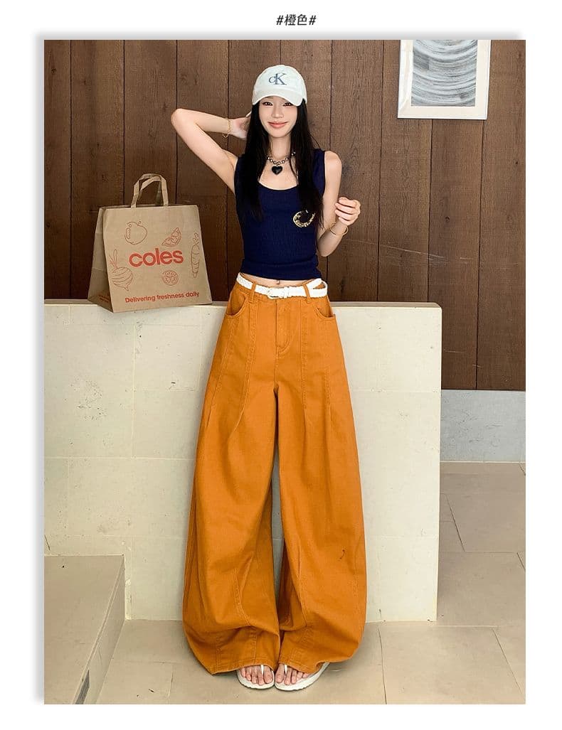 아메리칸 레트로 모통이 칼 3 차원 자르기 루즈핏 넓은 다리 청바지 여성 상세 이미지 7