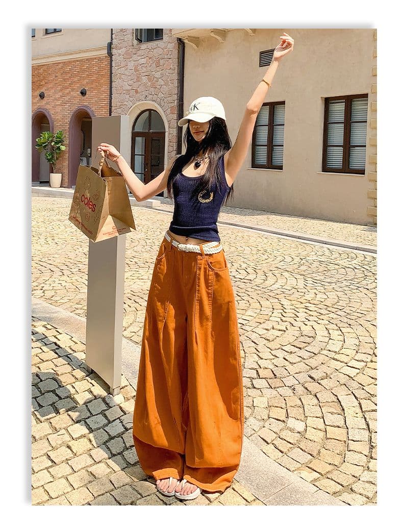 아메리칸 레트로 모통이 칼 3 차원 자르기 루즈핏 넓은 다리 청바지 여성 상세 이미지 12
