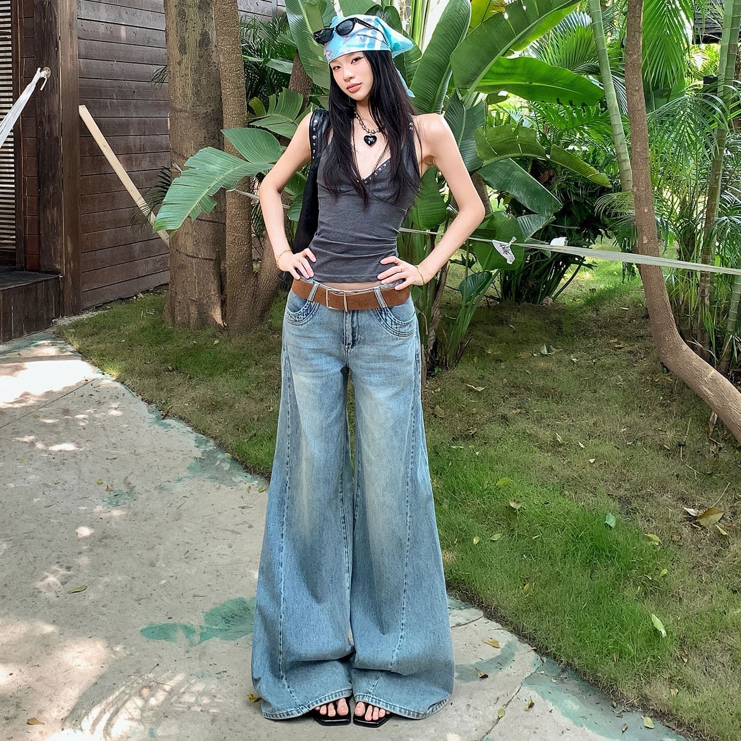 아메리칸 레트로 해체 디자인 루즈핏 나팔 넓은 다리 청바지 여성 이미지 4