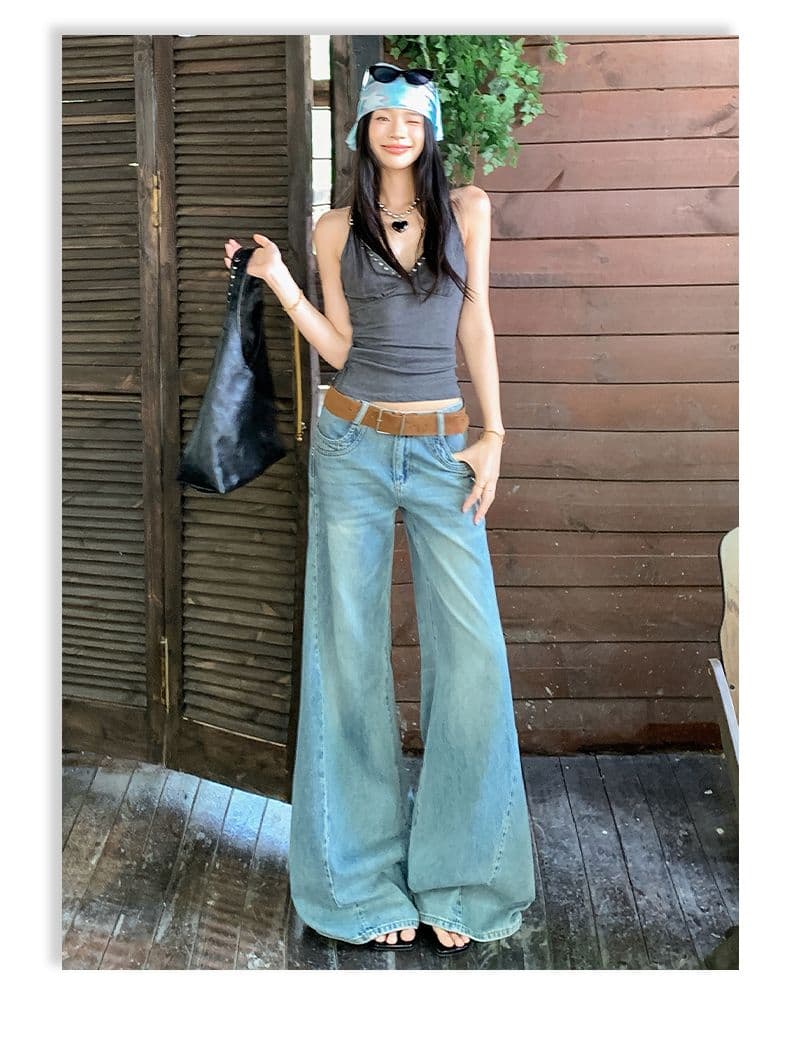 아메리칸 레트로 해체 디자인 루즈핏 나팔 넓은 다리 청바지 여성 상세 이미지 8