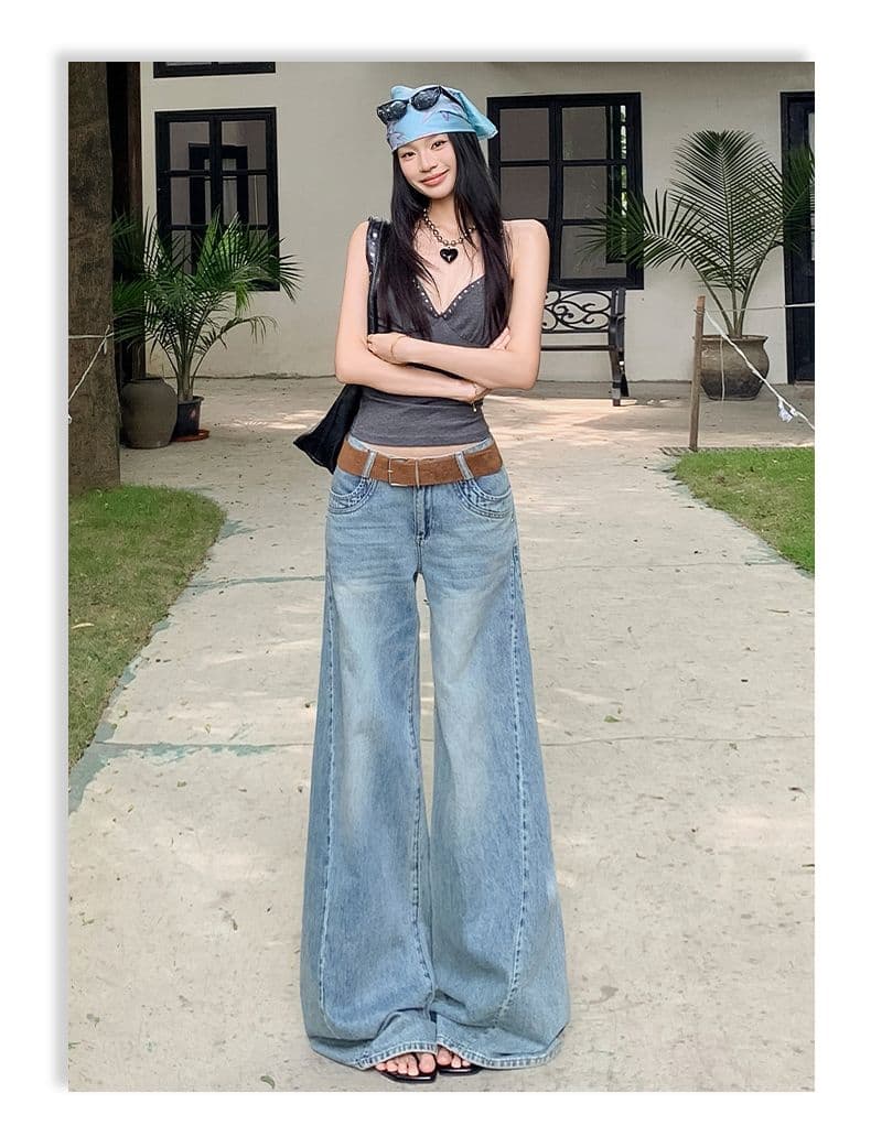 아메리칸 레트로 해체 디자인 루즈핏 나팔 넓은 다리 청바지 여성 상세 이미지 12