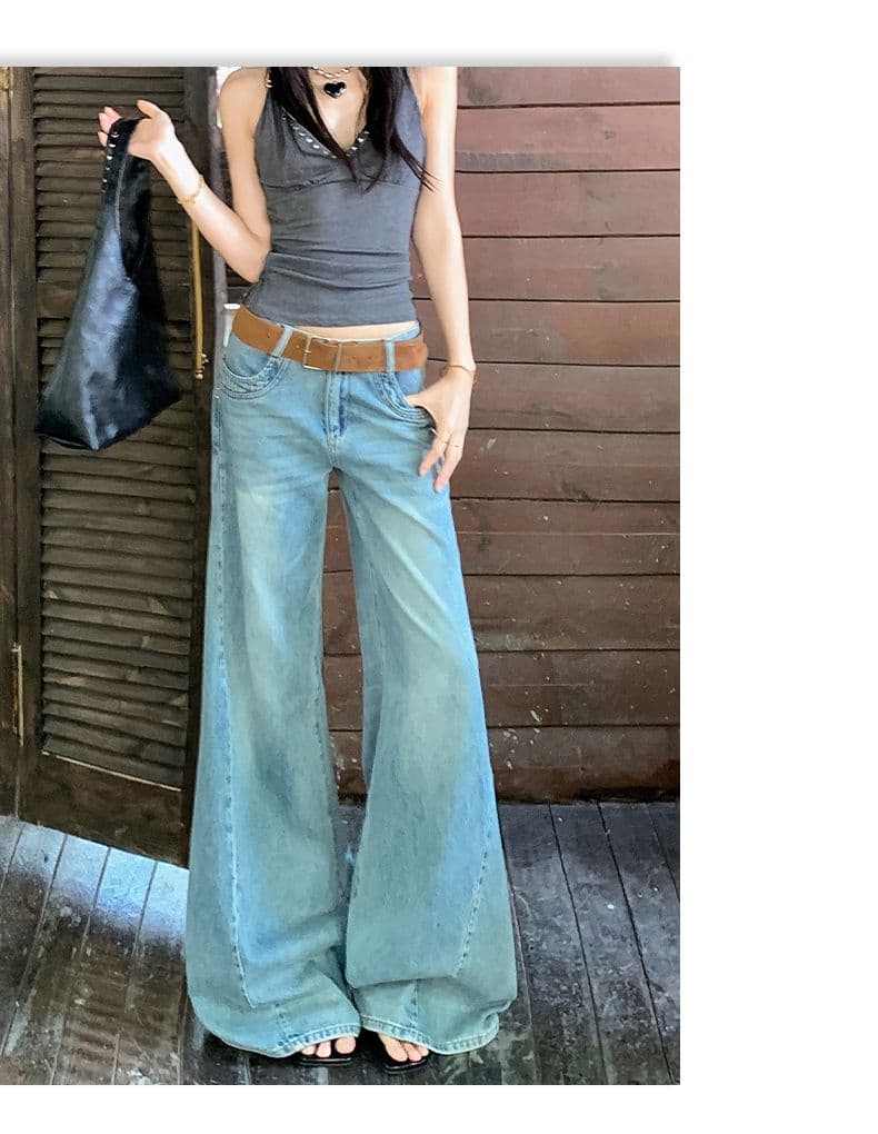 아메리칸 레트로 해체 디자인 루즈핏 나팔 넓은 다리 청바지 여성 상세 이미지 15