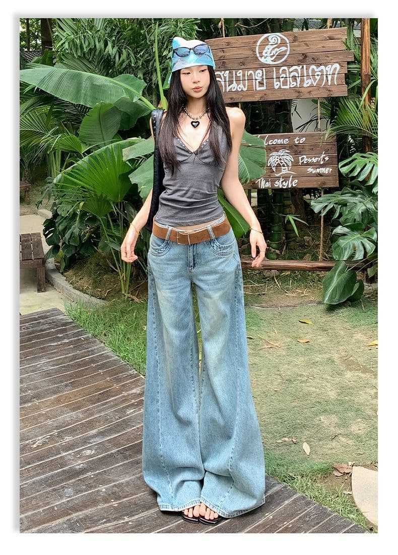 아메리칸 레트로 해체 디자인 루즈핏 나팔 넓은 다리 청바지 여성 상세 이미지 18
