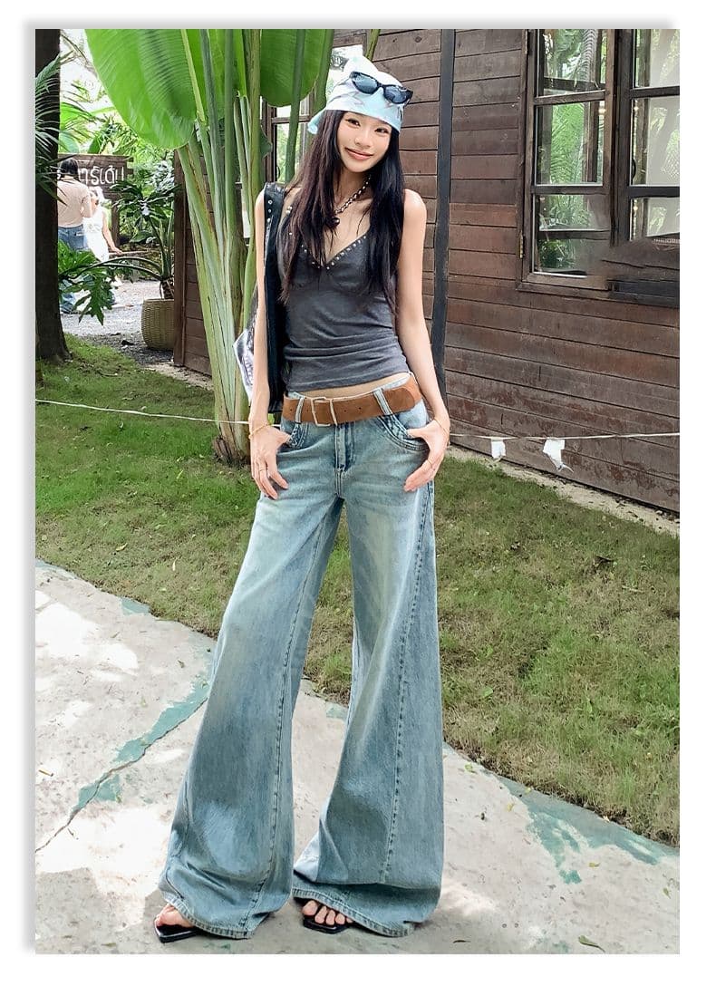 아메리칸 레트로 해체 디자인 루즈핏 나팔 넓은 다리 청바지 여성 상세 이미지 19