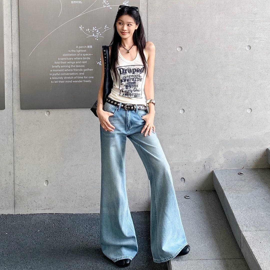 아메리칸 레트로 워시 물 마 오래된 로우 웨이스트 루즈핏 넓은 다리 청바지 여성 이미지 2
