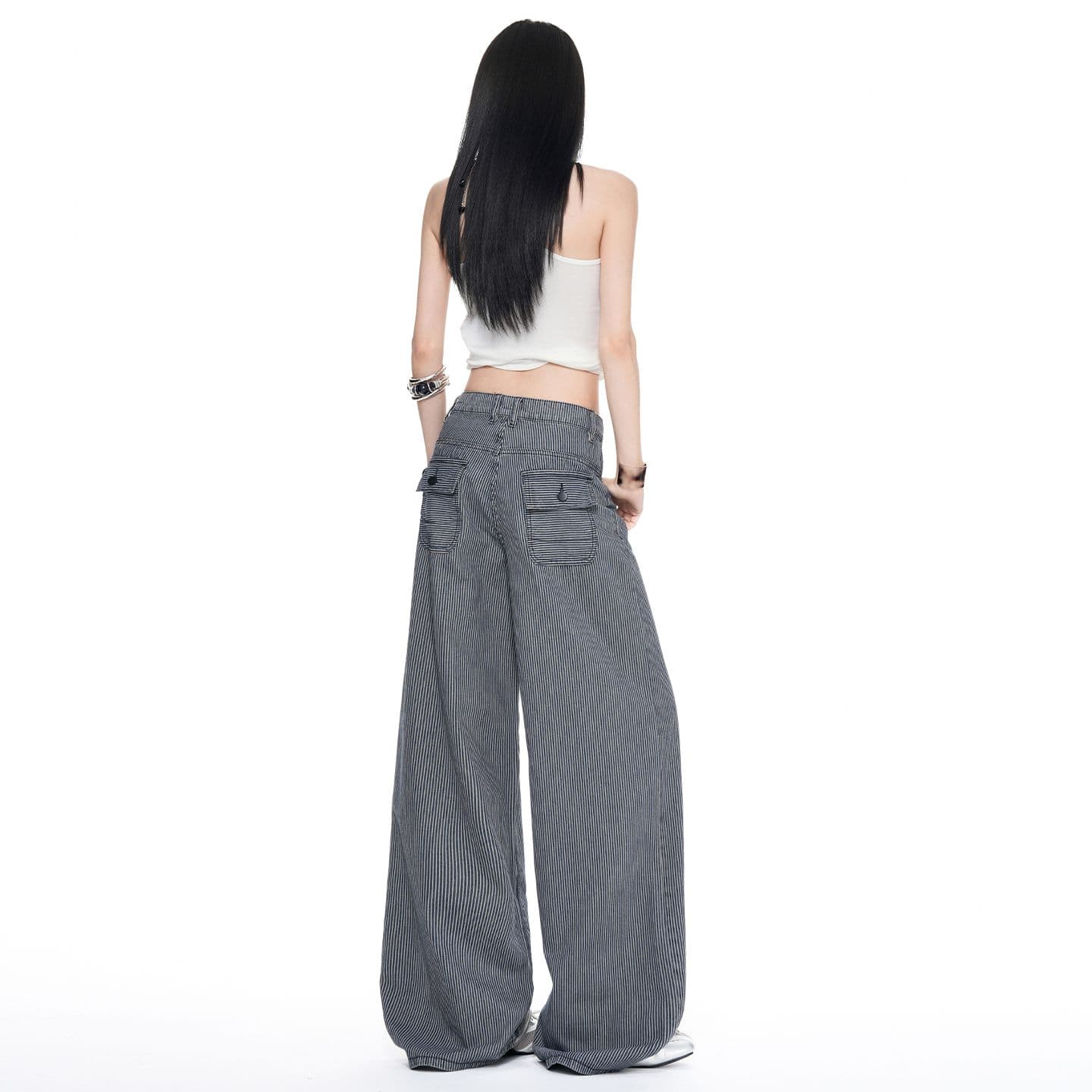 아메리칸 레트로 스트라이프 원단 루즈핏 스트레이트 넓은 다리 청바지 여성 이미지 3