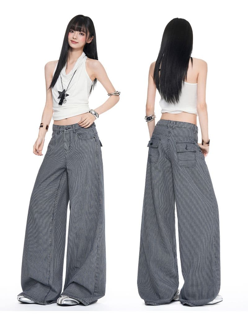 아메리칸 레트로 스트라이프 원단 루즈핏 스트레이트 넓은 다리 청바지 여성 상세 이미지 6