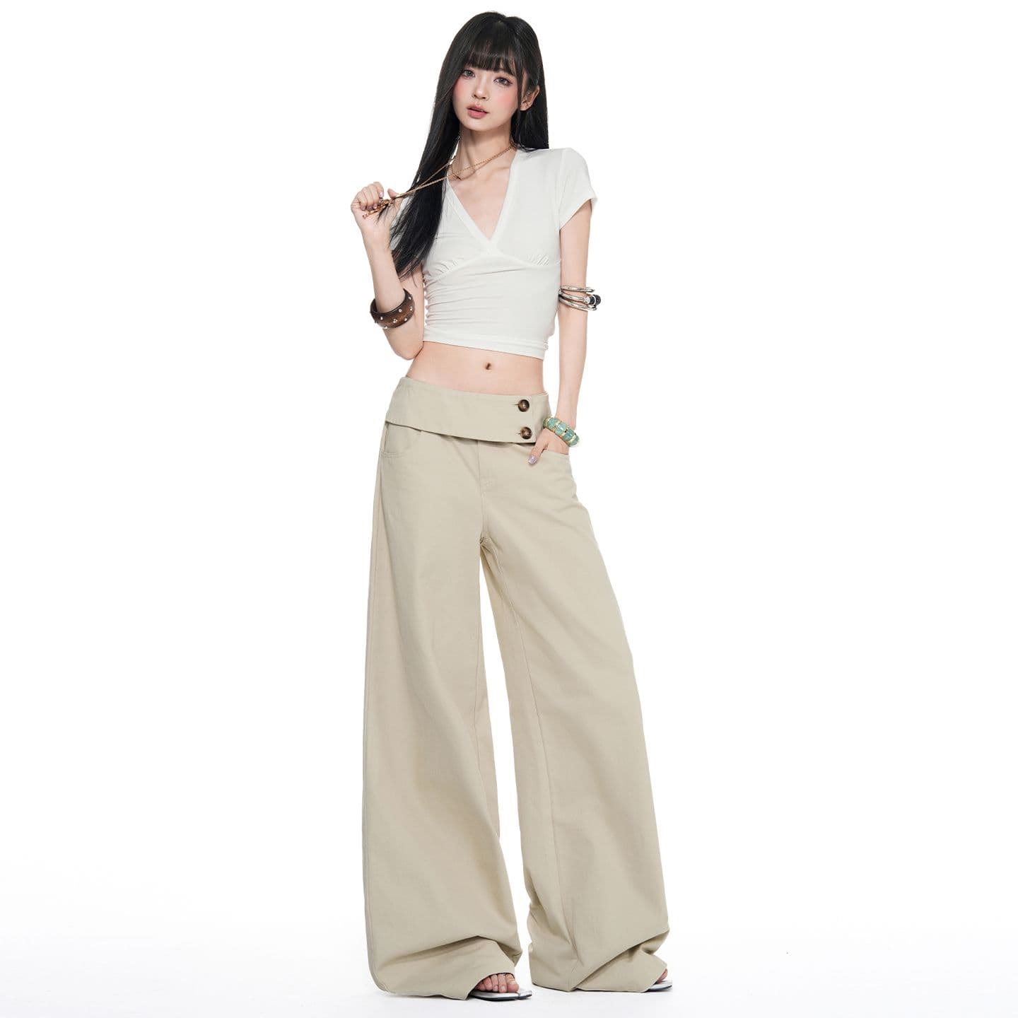아메리칸 레트로 더블 버클 허리 머리 표지 넓적 다리 캐주얼 루즈핏 넓은 다리 청바지 여성 이미지 2
