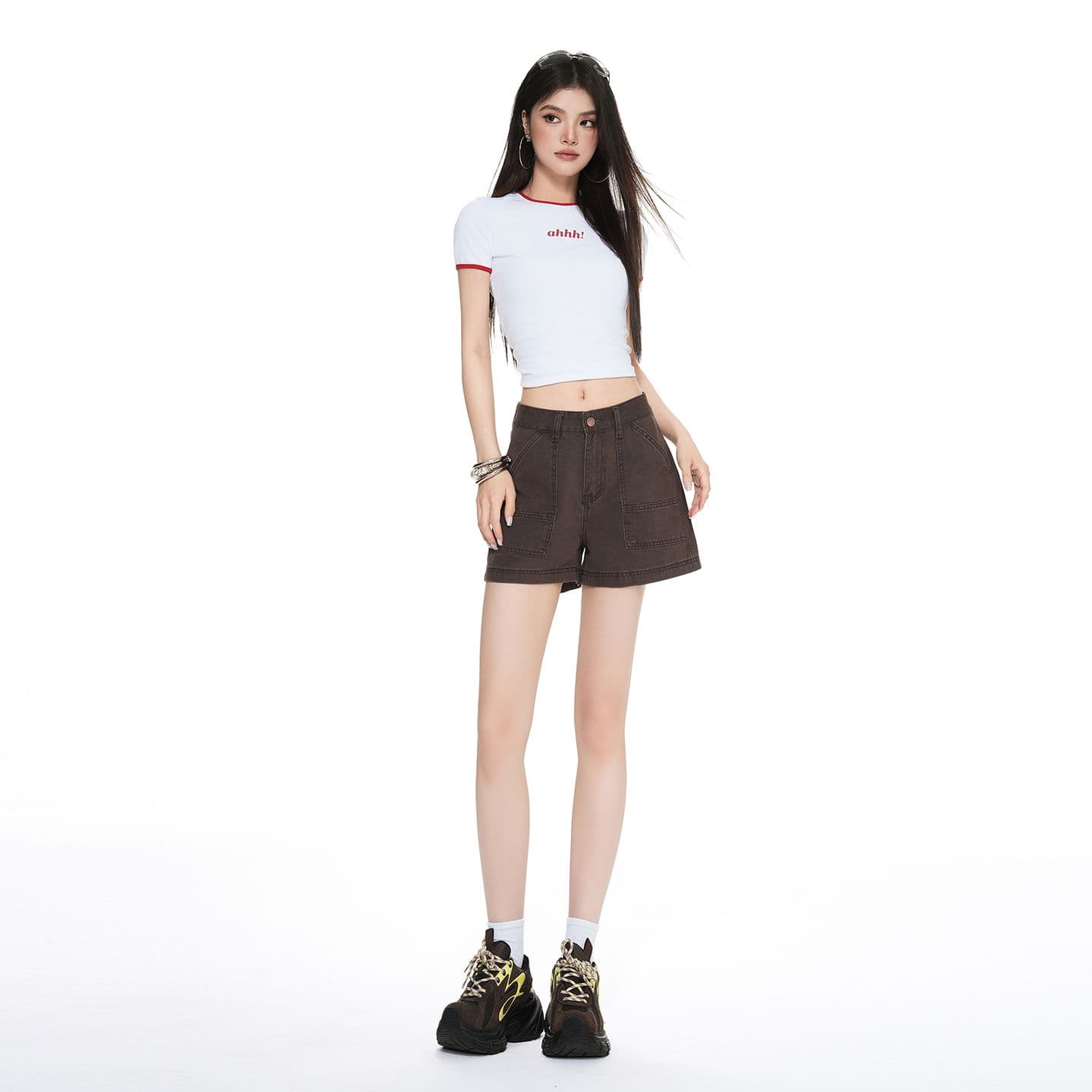 브라운 커피 색상 아메리칸 레트로 하이웨이스트 넓은 다리 워크웨어 반바지 여성 2026 여름 새로운 슬림해 보이는 달콤한 차가운 핫걸 핫 바지 이미지 3