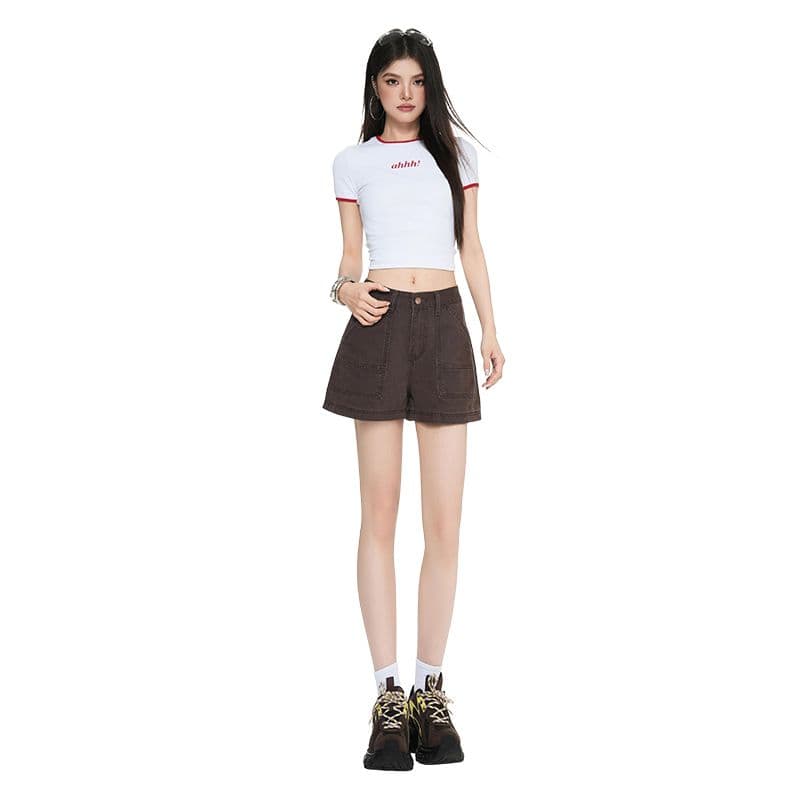 브라운 커피 색상 아메리칸 레트로 하이웨이스트 넓은 다리 워크웨어 반바지 여성 2026 여름 새로운 슬림해 보이는 달콤한 차가운 핫걸 핫 바지 이미지 4