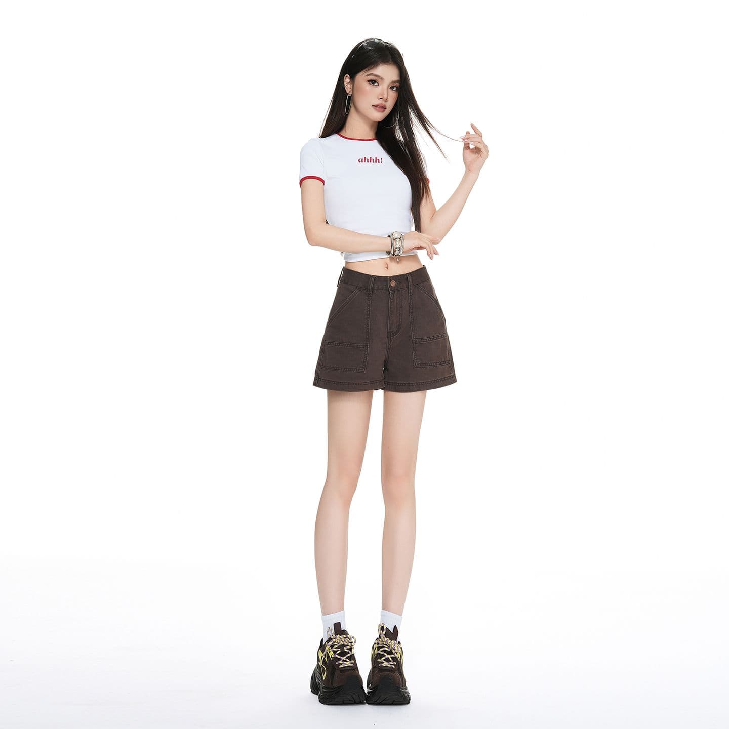 브라운 커피 색상 아메리칸 레트로 하이웨이스트 넓은 다리 워크웨어 반바지 여성 2026 여름 새로운 슬림해 보이는 달콤한 차가운 핫걸 핫 바지 이미지 5