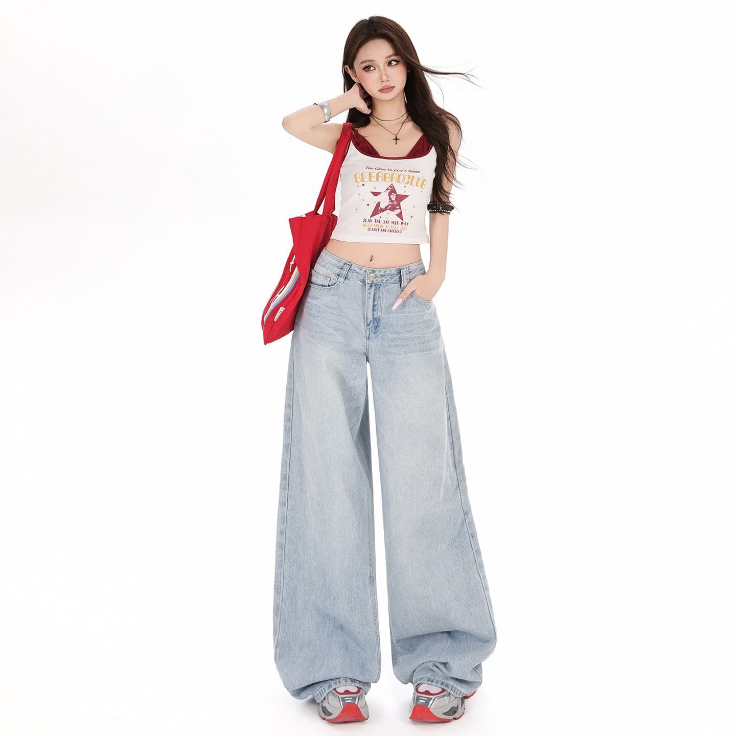 하늘색 하이웨이스트 넓은 다리 청바지 여성 아메리칸 레트로 루즈핏 슬림해 보이는 도루 센스 스트레이트 바닥 청소 바지 이미지 2