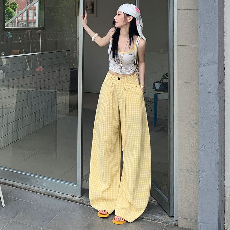 여름 새로운 얇은 스타일 아메리칸 도파민 체크무늬 캐주얼 바지 여성 하이웨이스트 루즈핏 와이드 레그 팬츠 어린이 이미지 2