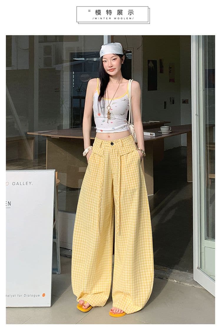 여름 새로운 얇은 스타일 아메리칸 도파민 체크무늬 캐주얼 바지 여성 하이웨이스트 루즈핏 와이드 레그 팬츠 어린이 상세 이미지 11