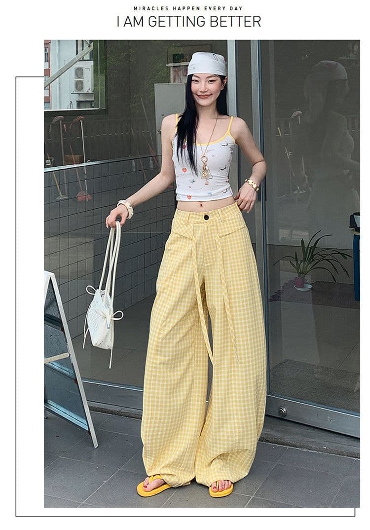 여름 새로운 얇은 스타일 아메리칸 도파민 체크무늬 캐주얼 바지 여성 하이웨이스트 루즈핏 와이드 레그 팬츠 어린이 상세 이미지 12