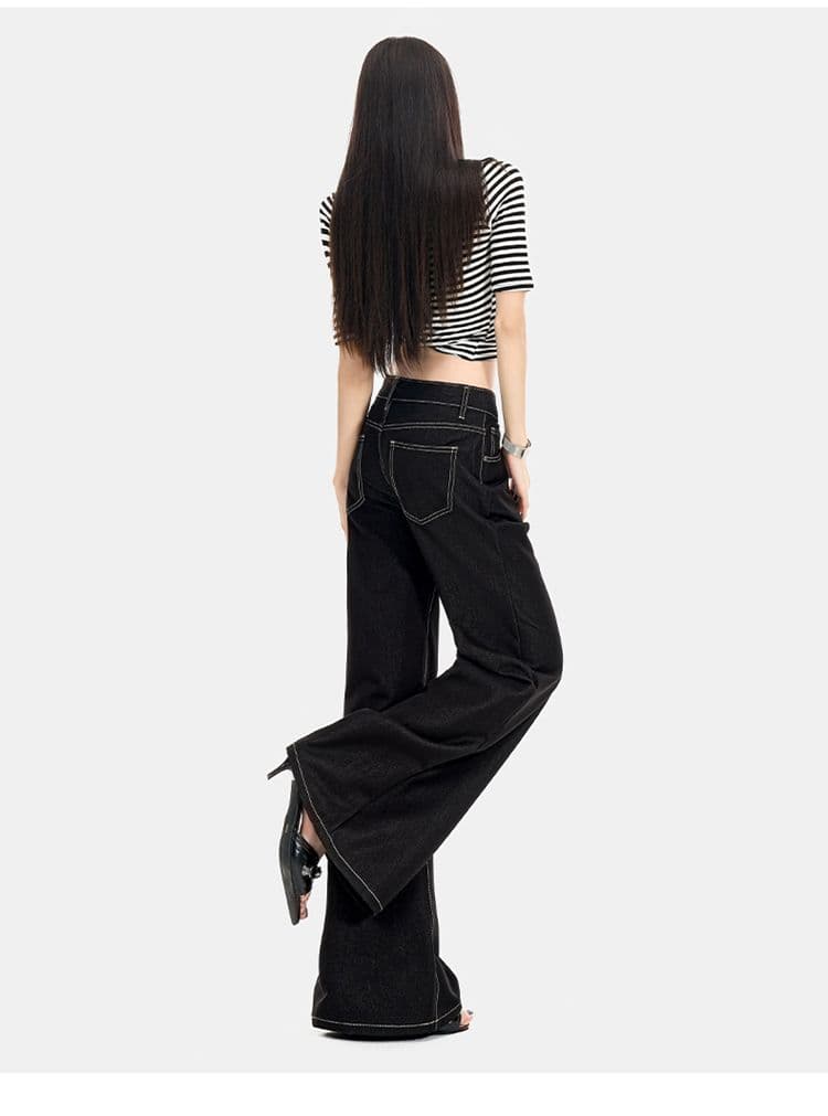 신제품 블랙 기술 얼음 실크 마이크로 나팔 청바지 여성 하이웨이스트 슬림해 보이는 도루 센스 아니요 막대기 다리 길이 연장 바닥 청소 바지 상세 이미지 23