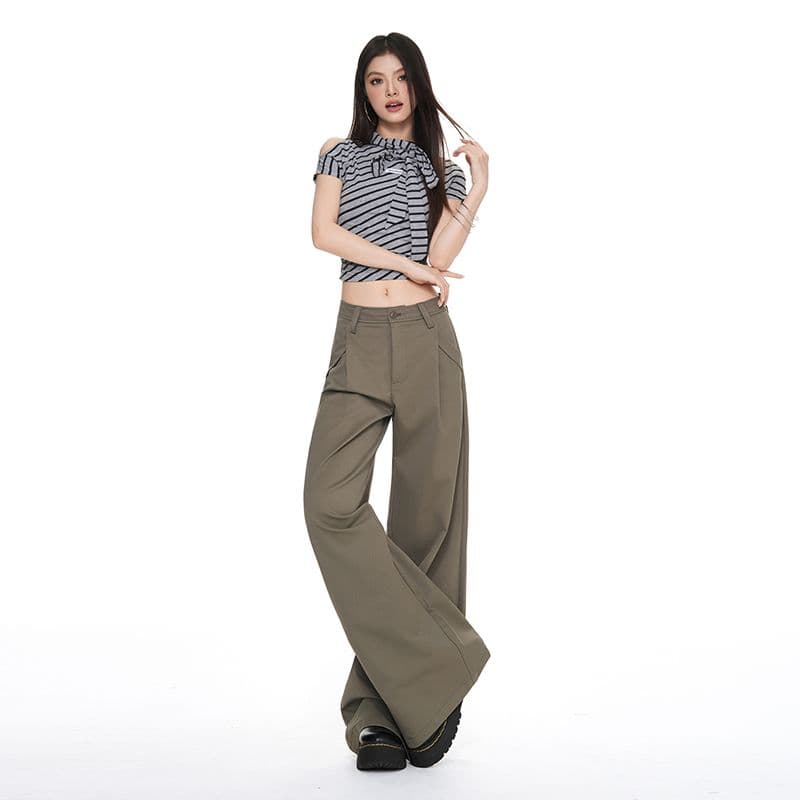 새로운 익스트림 제인 오래된 돈 바람 비스듬한 Pleat 디자인 하이웨이스트 정장 바지 여성 루즈핏 슬림해 보이는 도루 센스 스트레이트 넓은 다리 캐주얼 바지 이미지 4
