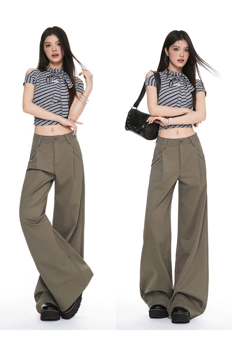 새로운 익스트림 제인 오래된 돈 바람 비스듬한 Pleat 디자인 하이웨이스트 정장 바지 여성 루즈핏 슬림해 보이는 도루 센스 스트레이트 넓은 다리 캐주얼 바지 상세 이미지 10