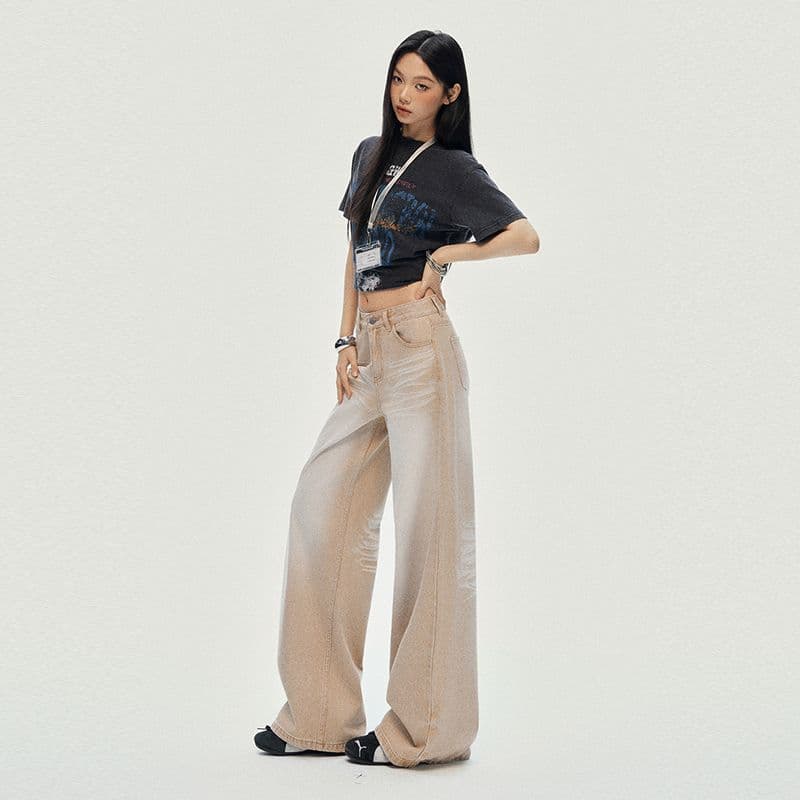 아메리칸 레트로 카키 색 무거운 작업 디자인 센스 루즈핏 넓은 다리 스트레이트 바닥 청소 청바지 이미지 3