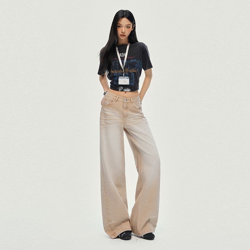 아메리칸 레트로 카키 색 무거운 작업 디자인 센스 루즈핏 넓은 다리 스트레이트 바닥 청소 청바지 이미지 5