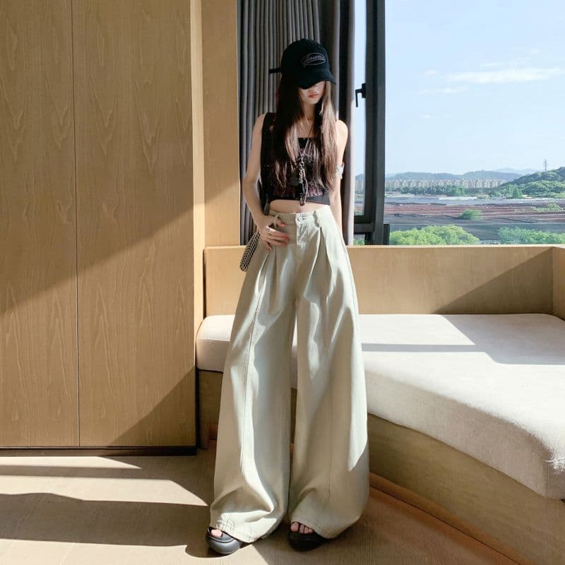오래된 돈 레트로 서있는 자르다 디자인 센스 명중 Pleat 캐주얼 바지 새로운 루즈핏 와이드 레깅스 바지 이미지 6