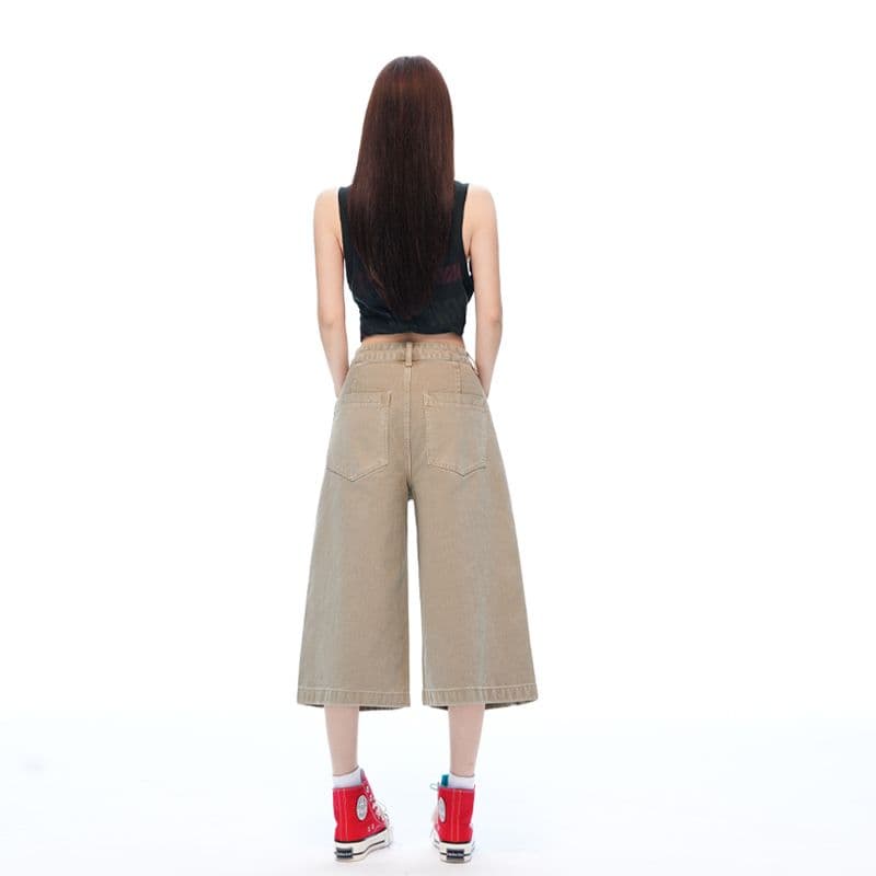 아메리칸 거리 단색 높음 거리 센스 넓은 다리 7부 바지 여성 루즈핏 슬림해 보이는 모통이 칼 워크웨어 팬츠 이미지 4