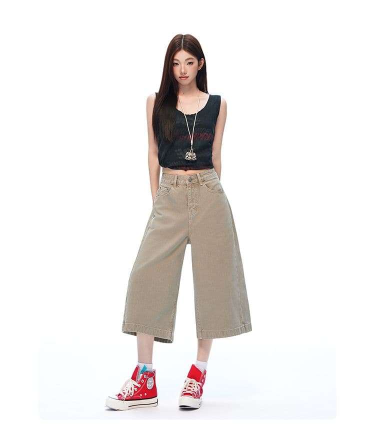 아메리칸 거리 단색 높음 거리 센스 넓은 다리 7부 바지 여성 루즈핏 슬림해 보이는 모통이 칼 워크웨어 팬츠 상세 이미지 9