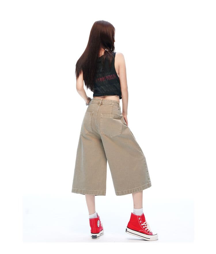 아메리칸 거리 단색 높음 거리 센스 넓은 다리 7부 바지 여성 루즈핏 슬림해 보이는 모통이 칼 워크웨어 팬츠 상세 이미지 10