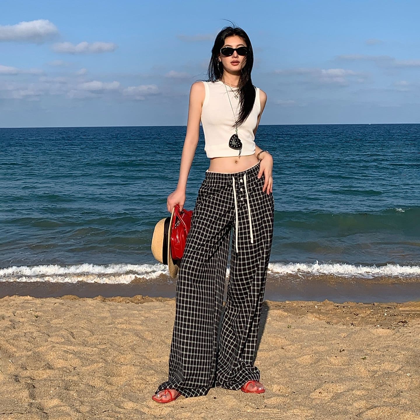 여름 새로운 아메리칸 레트로 체크무늬 레이스 와이드 레깅스 바지 여름 얇은 스타일 펌프 로프 루즈핏 스트레이트 바닥 청소 캐주얼 바지 이미지 2