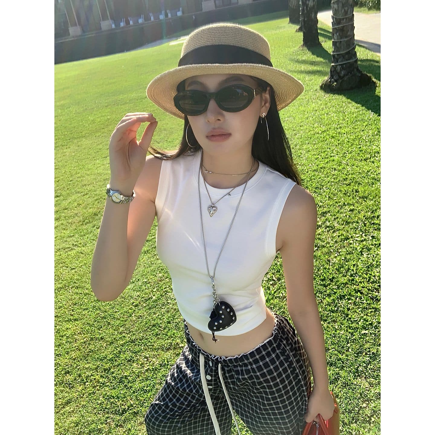 여름 새로운 아메리칸 레트로 체크무늬 레이스 와이드 레깅스 바지 여름 얇은 스타일 펌프 로프 루즈핏 스트레이트 바닥 청소 캐주얼 바지 이미지 5