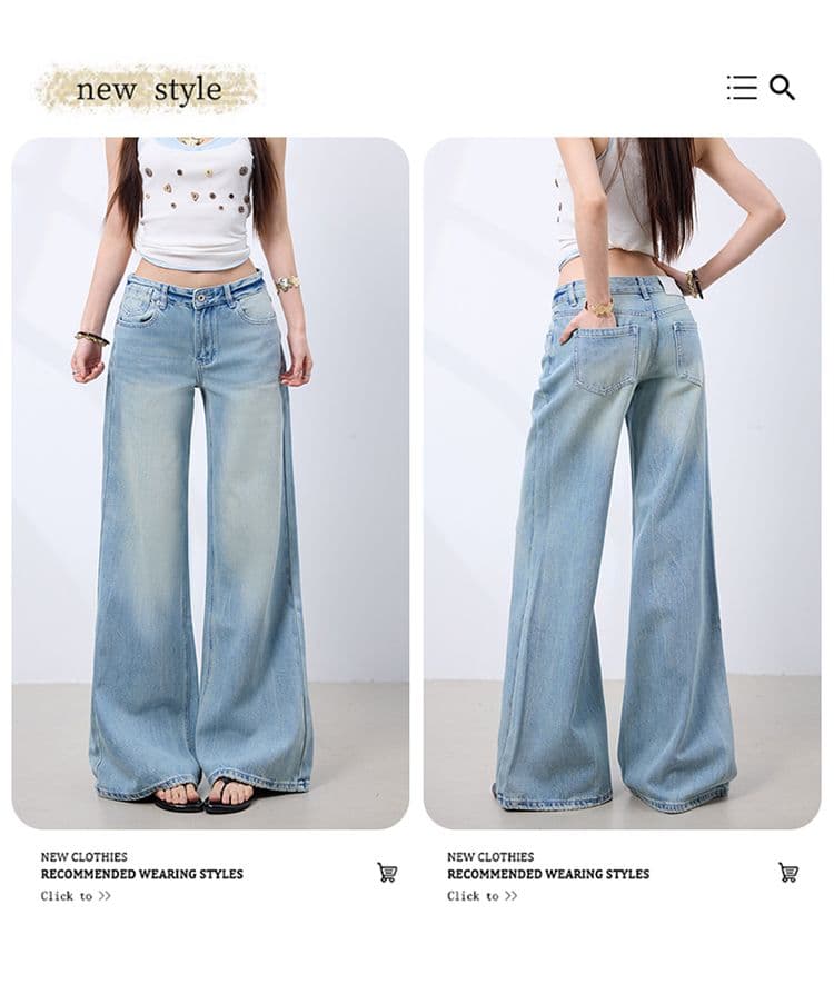 밝은색 워싱 블루 단 닝 넓은 다리 스트레이트 팬츠 로우 웨이스트 편안함 원단 얇은 스타일 청바지 상세 이미지 3