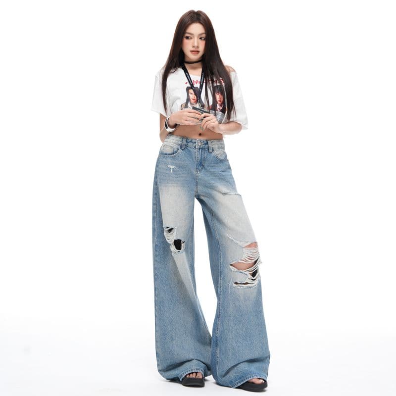 레트로 워싱 찢어진 부분 청바지 여성 루즈핏 워싱 스트레이트 팬츠 캐주얼 바닥 청소 바지 롱 바지 이미지 2