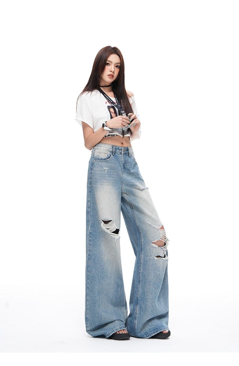 레트로 워싱 찢어진 부분 청바지 여성 루즈핏 워싱 스트레이트 팬츠 캐주얼 바닥 청소 바지 롱 바지 상세 이미지 12