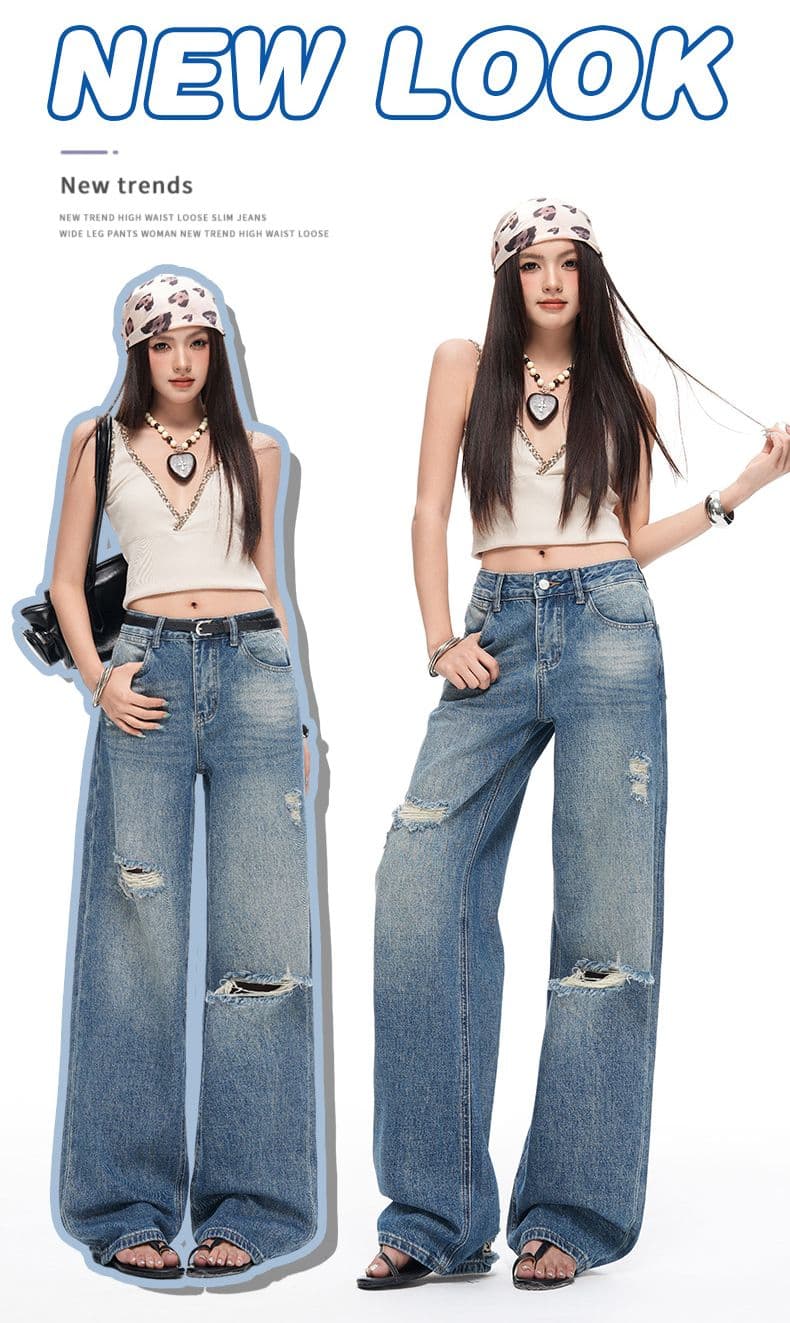 레트로 워싱 마 오래된 찢어진 부분 청바지 여성 루즈핏 하이웨이스트 슬림해 보이는 캐주얼 스트레이트 팬츠 롱 바지 상세 이미지 1