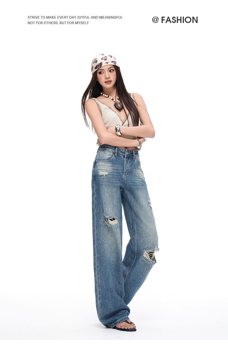 레트로 워싱 마 오래된 찢어진 부분 청바지 여성 루즈핏 하이웨이스트 슬림해 보이는 캐주얼 스트레이트 팬츠 롱 바지 상세 이미지 20