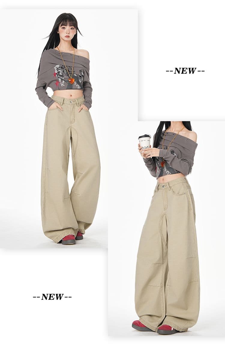 아메리칸 카키 색 모통이 칼 청바지 여성 2026 가을 새로운 하이웨이스트 슬림해 보이는 루즈핏 바닥 청소 넓은 다리 길이 바지 상세 이미지 8