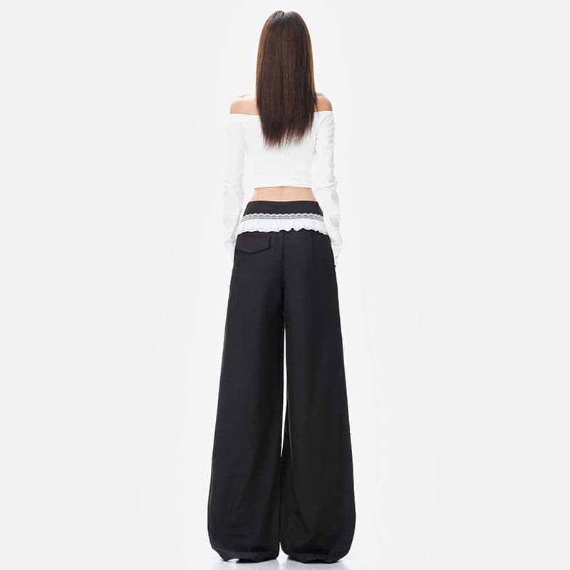 녹색 레이스 레이스 패치워크 넓은 다리 캐주얼 바지 여성 2026 가을 새로운 느긋한 주름 루즈핏 스트레이트 팬츠 이미지 6