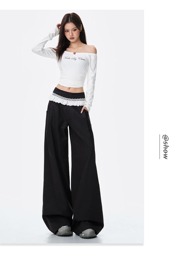 녹색 레이스 레이스 패치워크 넓은 다리 캐주얼 바지 여성 2026 가을 새로운 느긋한 주름 루즈핏 스트레이트 팬츠 상세 이미지 13