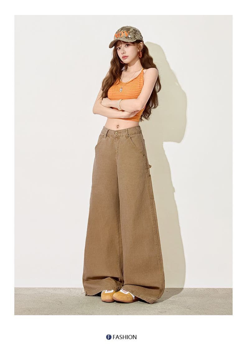 카키 색 아메리칸 레트로 워크웨어 청바지 여성 여름 디자인 센스 루즈핏 스트레이트 도루 센스 넓은 다리 바닥 청소 바지 상세 이미지 29