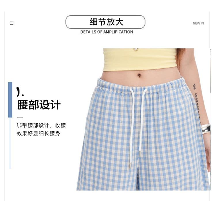 아메리칸 레트로 루즈핏 도루 센스 와이드 레그 팬츠 느긋한 다용도 체크무늬 펌프 로프 허리밴드 스트레이트 캐주얼 바지 여성 상세 이미지 5