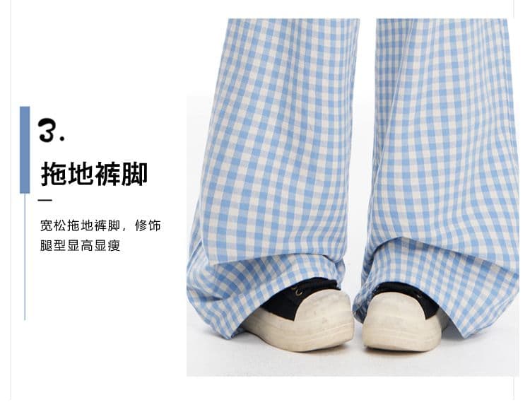 아메리칸 레트로 루즈핏 도루 센스 와이드 레그 팬츠 느긋한 다용도 체크무늬 펌프 로프 허리밴드 스트레이트 캐주얼 바지 여성 상세 이미지 7