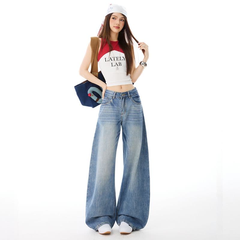 아메리칸 무거운 작업 워싱 모통이 칼 없음 폭탄 로우 웨이스트 루즈핏 넓은 다리 청바지 여성 루즈핏 슬림해 보이는 긴 바지 길이 연장 이미지 2