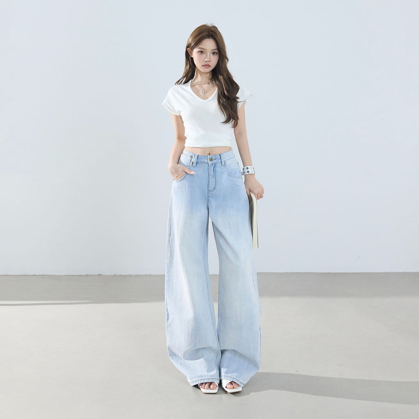 아메리칸 레트로 하이웨이스트 루즈핏 와이드 레그 팬츠 이후 부서 버클 디자인 센스 수 있습니다. 조정 모통이 칼 바지 청바지 여성 이미지 4