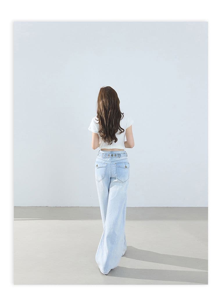 아메리칸 레트로 하이웨이스트 루즈핏 와이드 레그 팬츠 이후 부서 버클 디자인 센스 수 있습니다. 조정 모통이 칼 바지 청바지 여성 상세 이미지 9