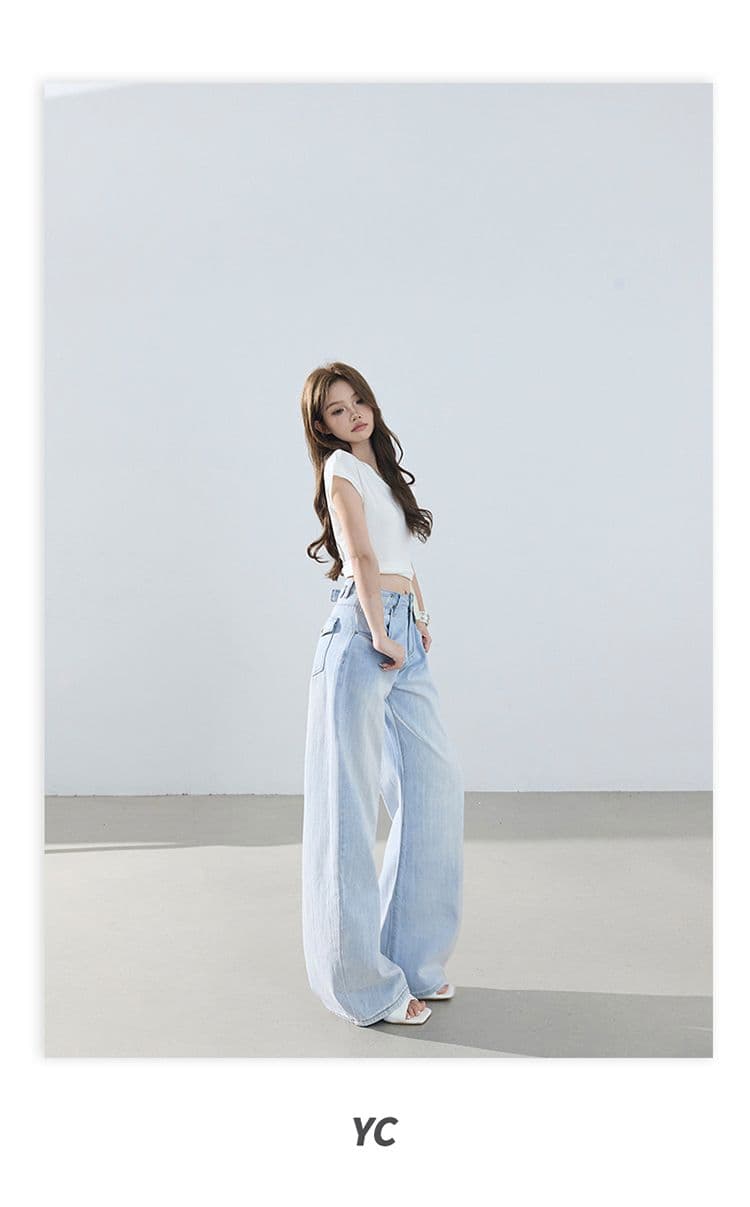 아메리칸 레트로 하이웨이스트 루즈핏 와이드 레그 팬츠 이후 부서 버클 디자인 센스 수 있습니다. 조정 모통이 칼 바지 청바지 여성 상세 이미지 15