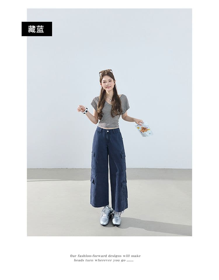 2 색 아메리칸 레트로 루즈핏 스트레이트 팬츠 다용도 여름 기타 주머니 워크웨어 팬츠 8 점 바지 청바지 여성 상세 이미지 9